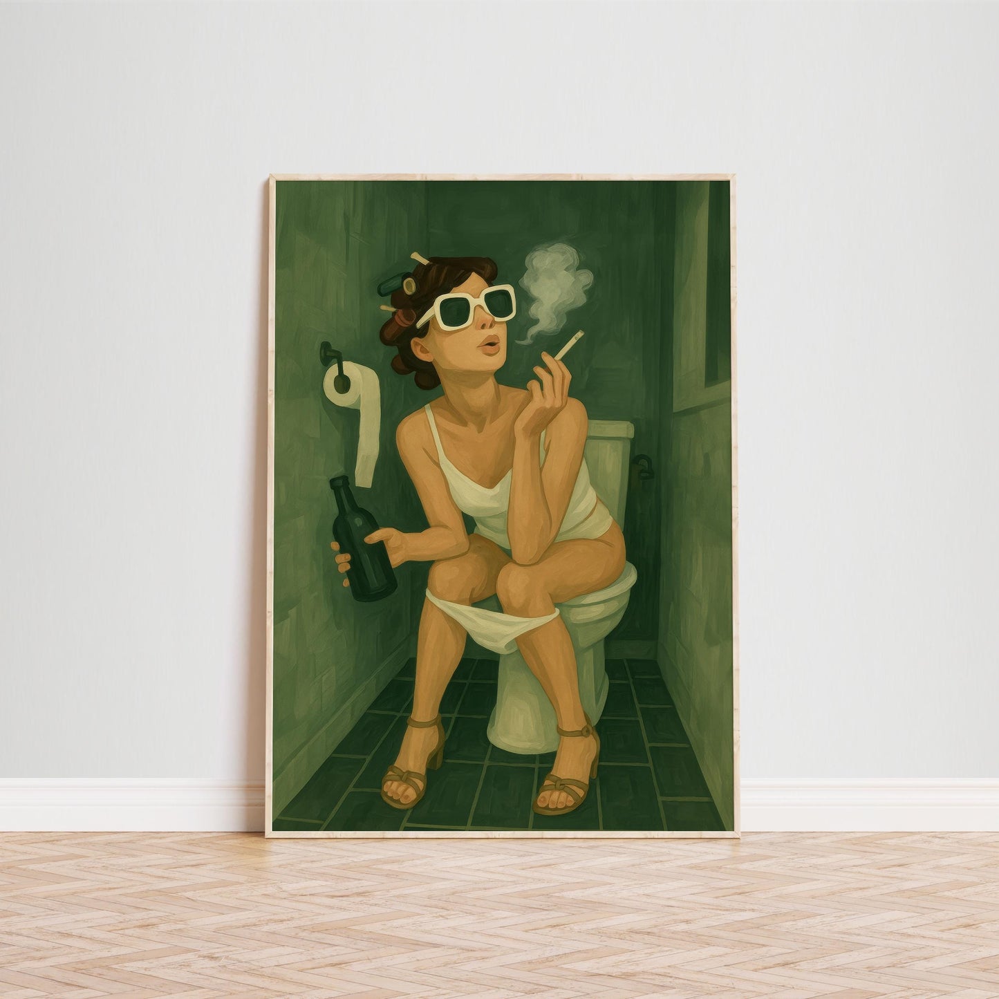 Funny Glam Bathroom Poster – Retro Feminine Wall Art with Beer & Cigarette Humor