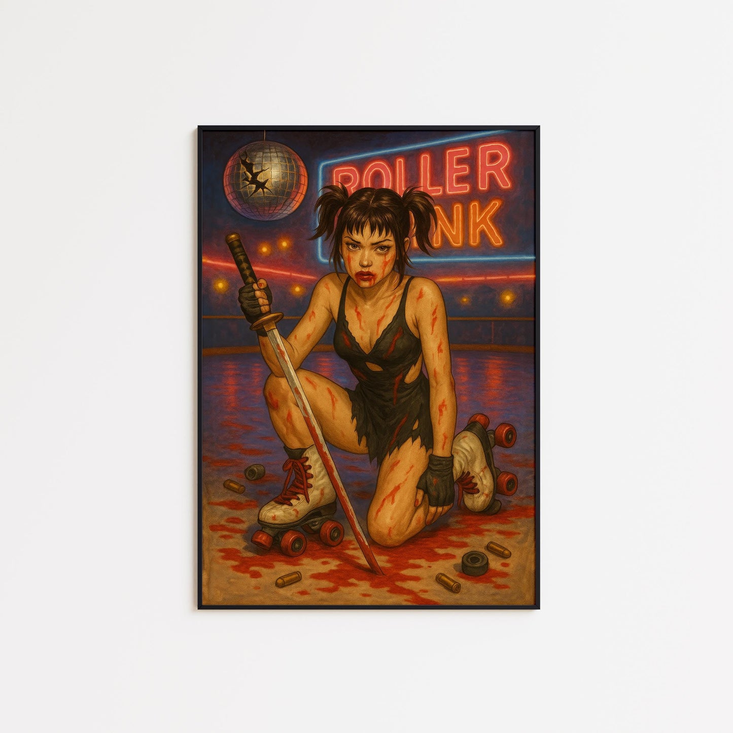 Femme Katana Art Print – Neon Punk Roller Rink Art | Silky Semi-Gloss Poster