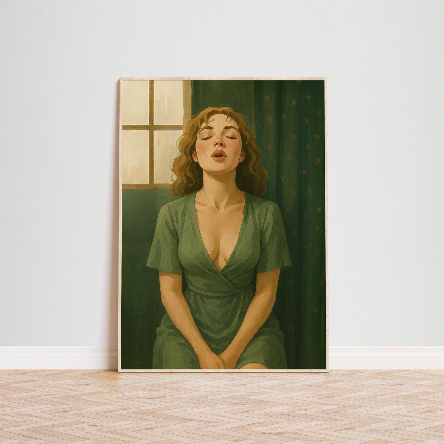 Feminine Art Print – Olive Green Artwork | Sensual Calm Poster for Bedroom Decor