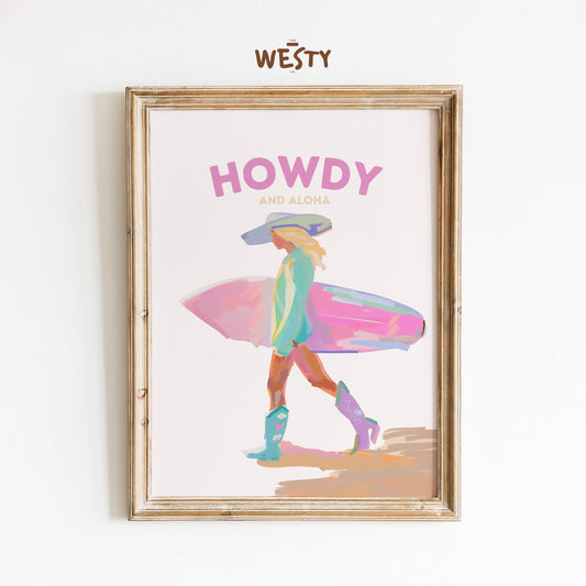 Howdy and Aloha Poster – Western Surfer Girl Pastel Wall Art
