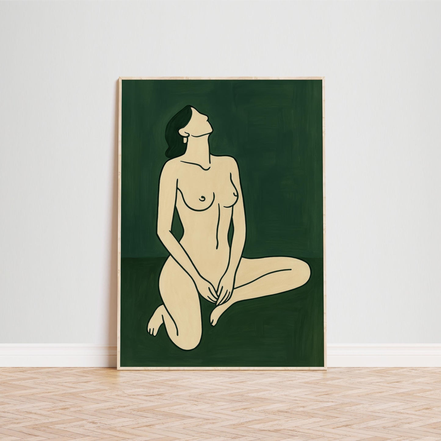 Minimalist Nude Poster – Modern Line Drawing Female Wall Art in Earthy Green