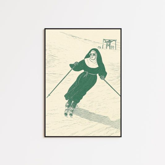 Skiing Nun Poster – Retro Humorous Wall Art, Minimal Green Line Print
