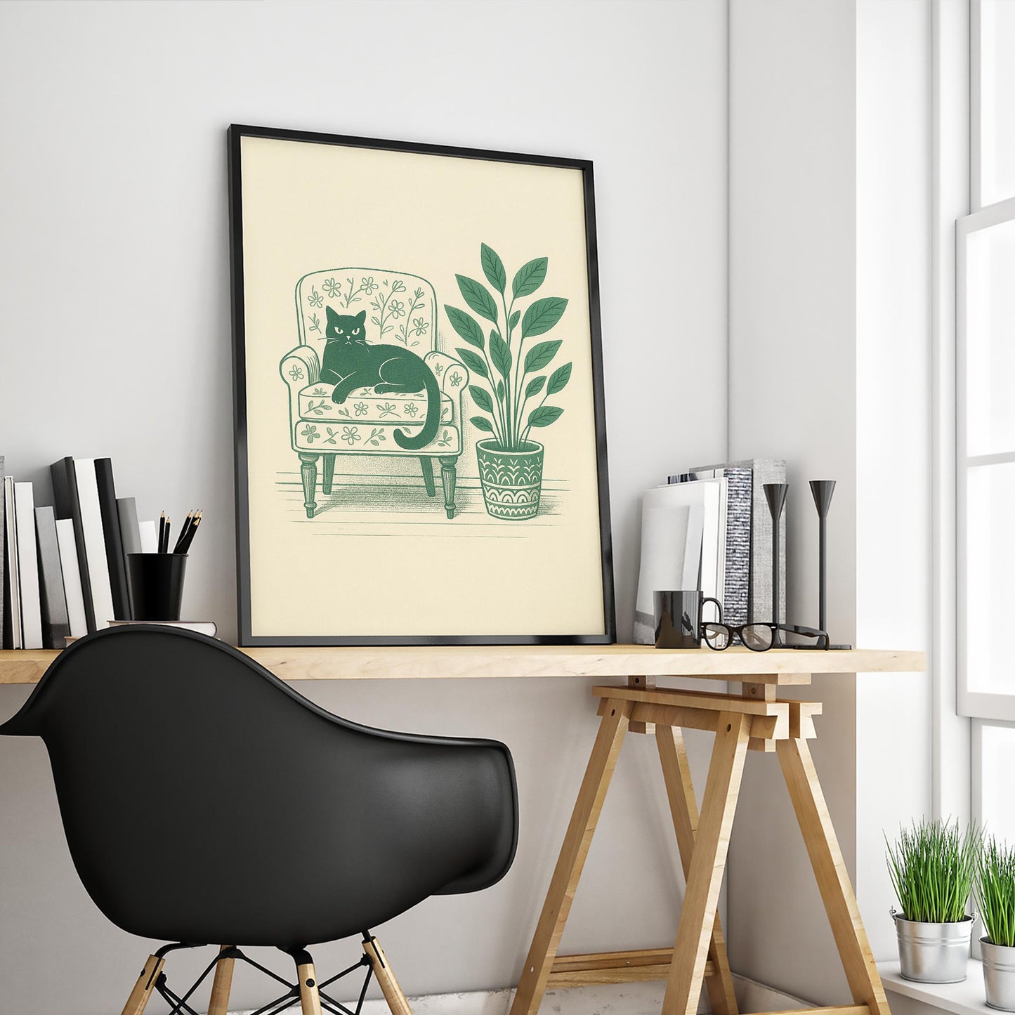 Lazy Afternoon Cat – Minimal Line Art Poster, Vintage Floral Chair Illustration