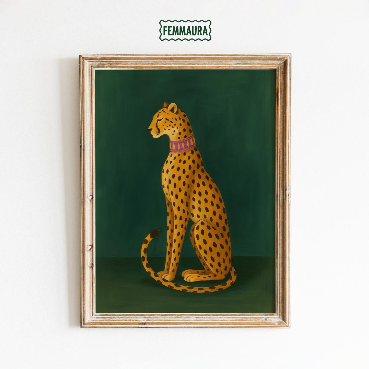 Golden Leopard Wall Art – Exotic Cat Artwork on Green Wall Poster
