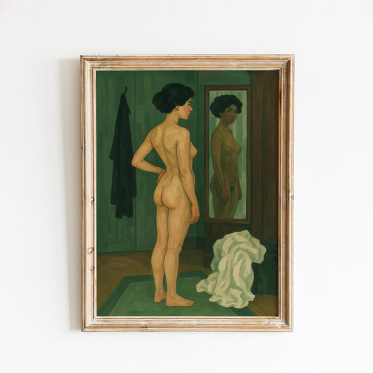 Feminine Nude Wall Art – Moody Green Decor | Elegant Reflective Poster