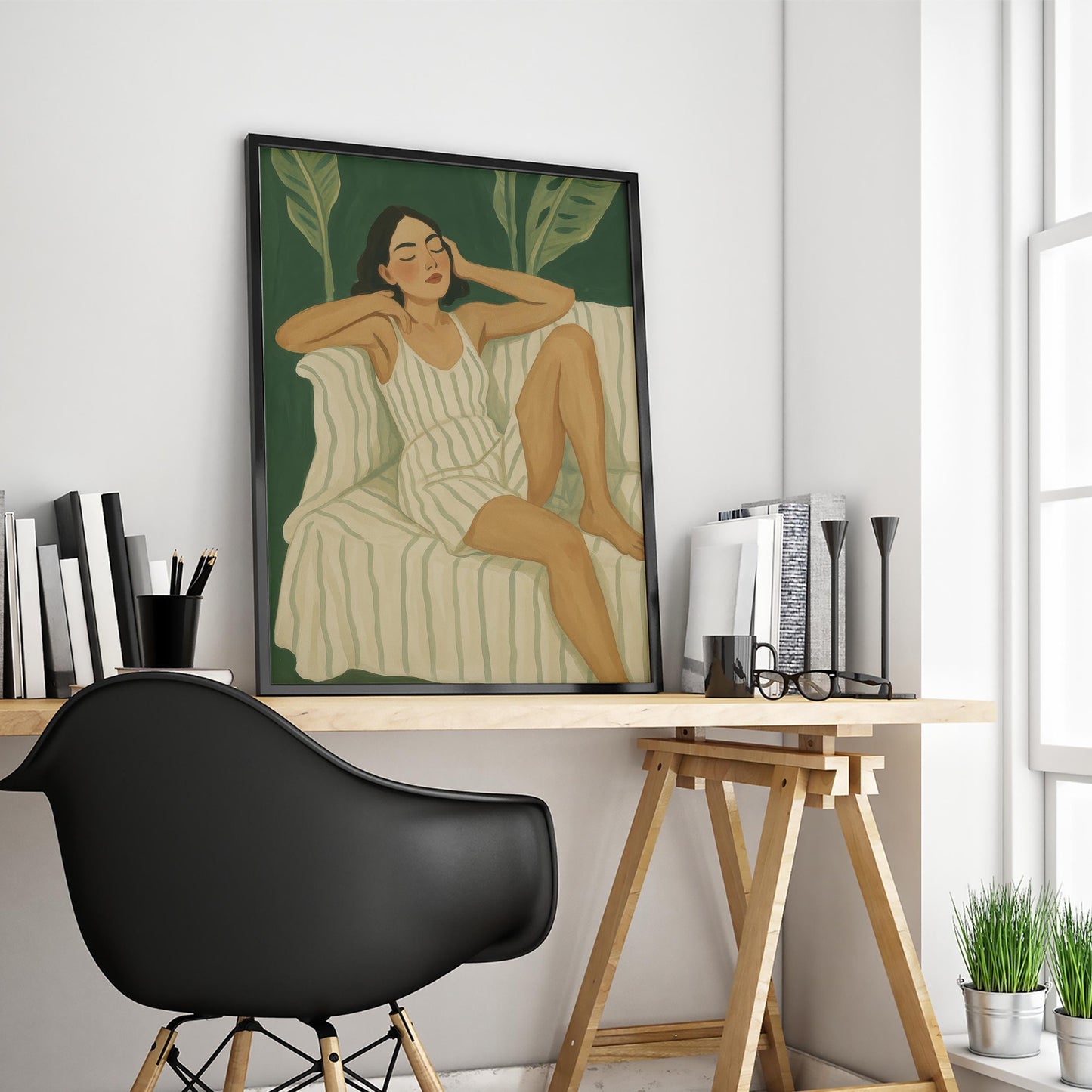 Relaxed Woman Art Print – Striped Dress Cozy Room Decor | Serene Green Botanical Wall