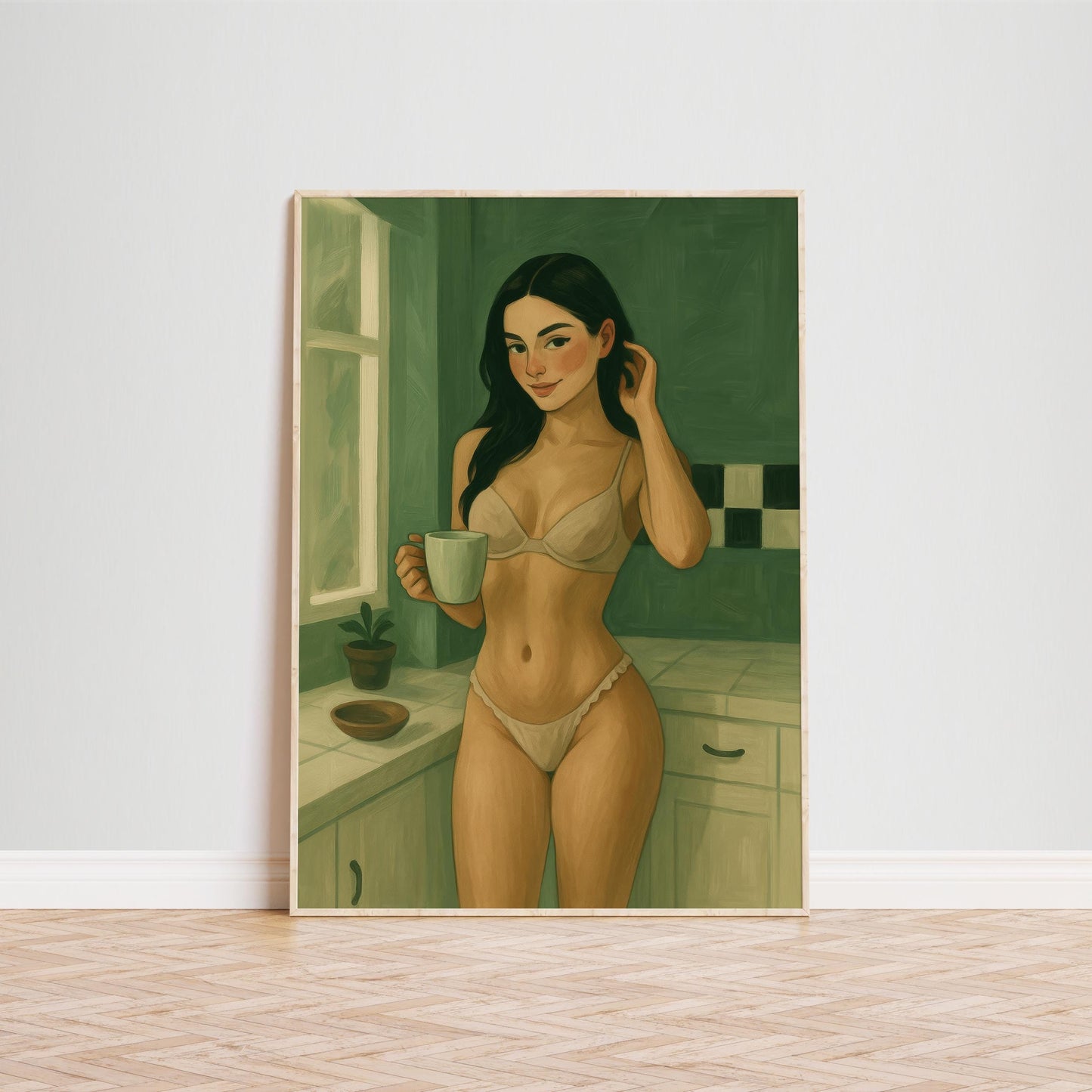Morning Coffee Girl Poster – Feminine Wall Art | Boudoir Style Print in Soft Green Tones