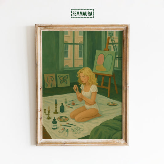 Feminine Wall Art – Girl Painting Print | Cozy Boho Art Decor for Creative Spaces