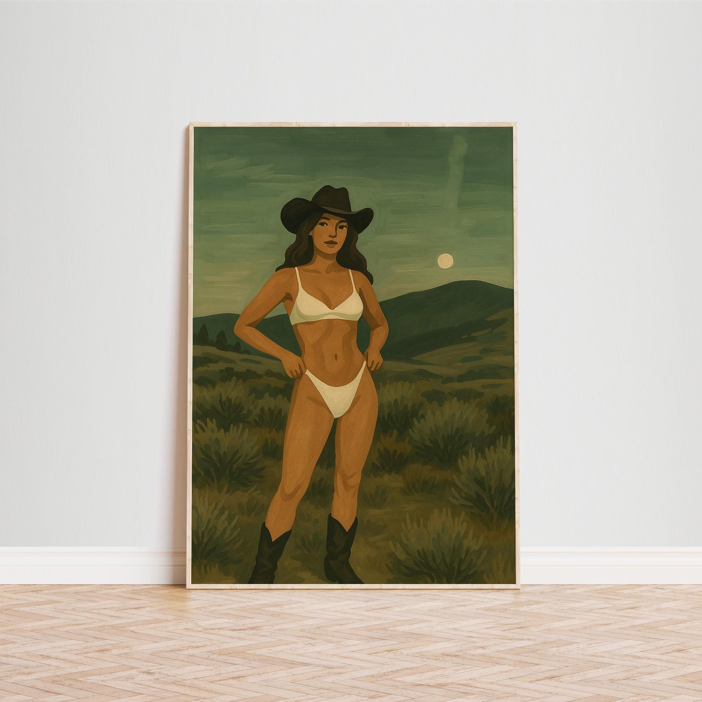 Cowgirl Desert Poster – Vintage Western Wall Art With Feminine Moonlit Design