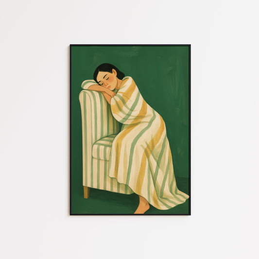 Striped Chair Girl Poster – Calm Resting Art | Green Yellow Decor & Cozy Wall Print