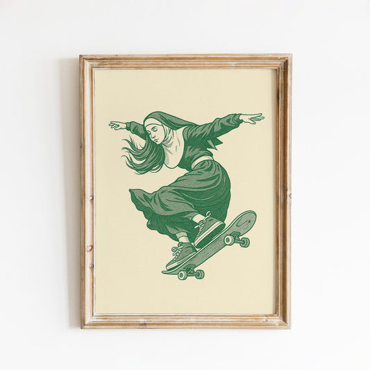Skater Nun Poster – Bold Vintage Green Line Art Print