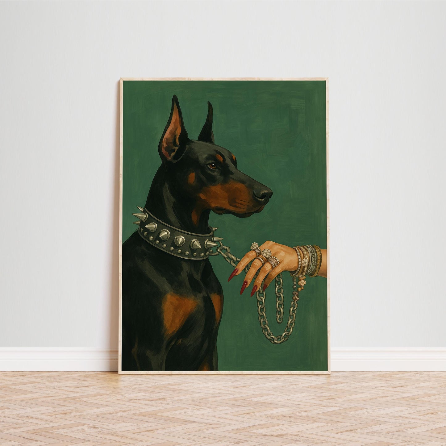 Doberman Wall Art – Luxury Dog Poster With Dark Green Decor & Bold Statement