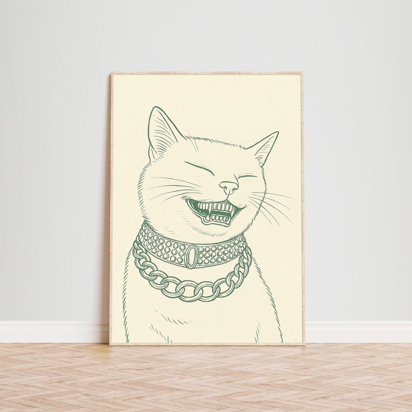Laughing Cat Poster – Funny Line Art Print, Retro Minimal Animal Illustration