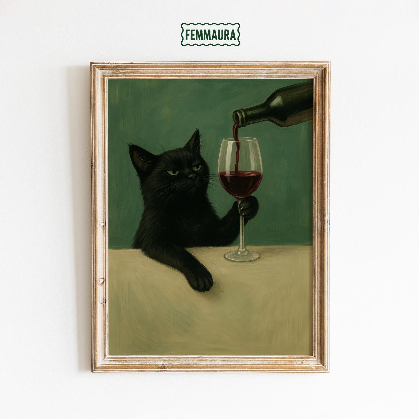 Black Cat Wall Art – Moody Cat Poster With Wine Glass | Gothic Kitchen Print