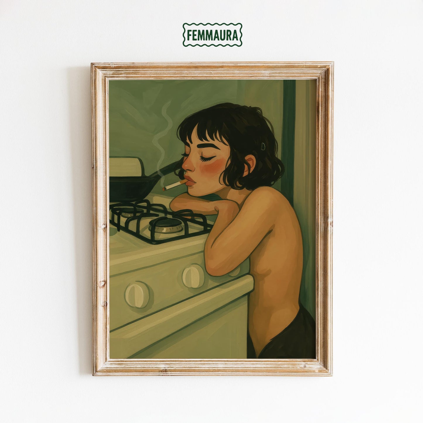 Sad Girl Smoking Poster – Moody Kitchen Art Print | Soft Erotic Feminine Illustration