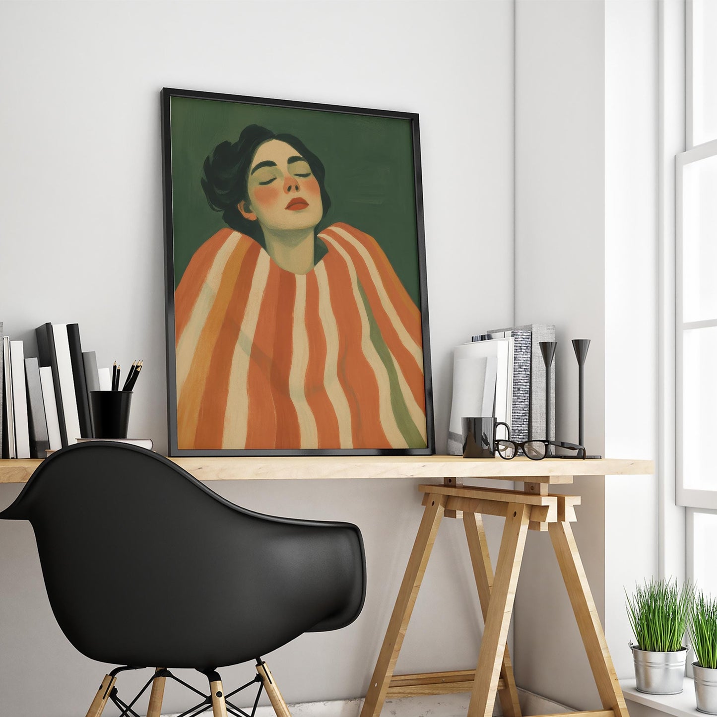 Bold Feminine Portrait – Red Striped Poster | Statement Wall Art for Modern Bedroom Decor