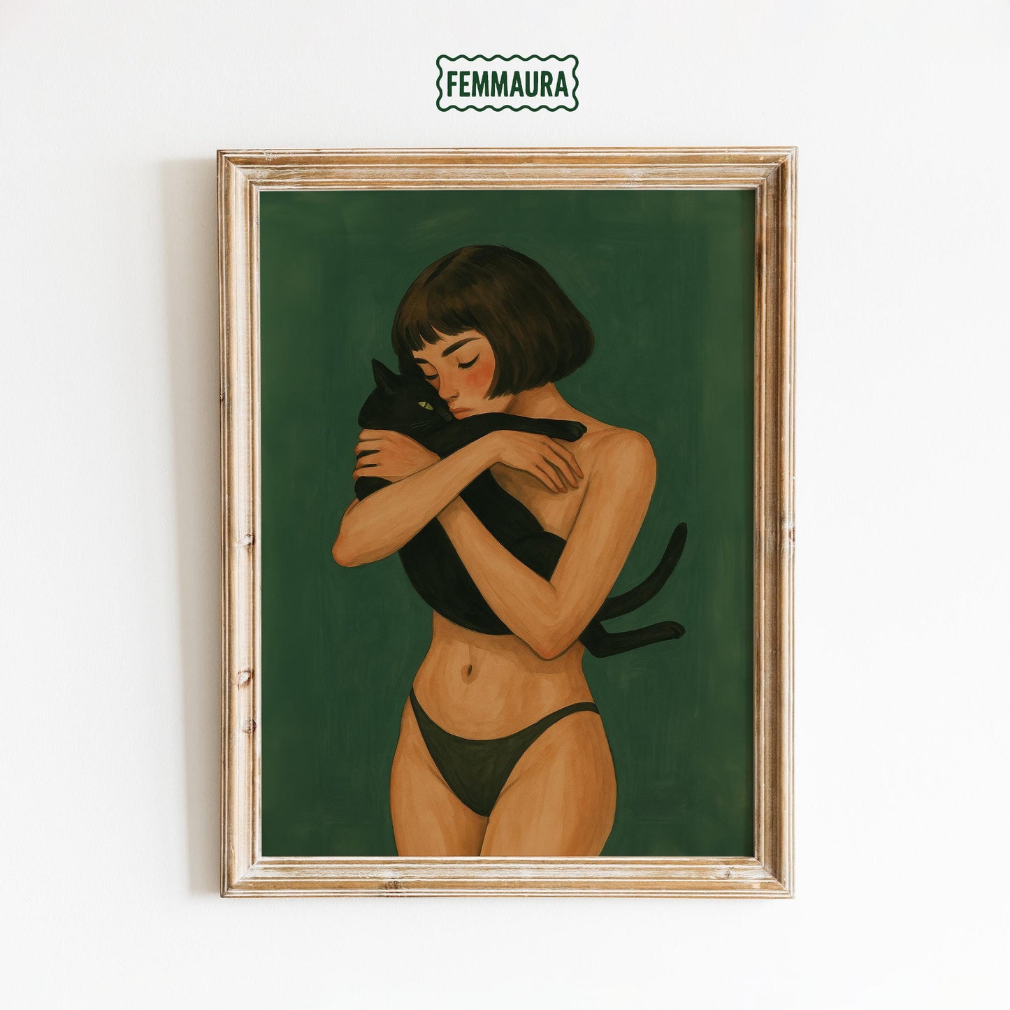 Black Cat Art Print – Minimalist Gouache Digital Cat Illustration for Cozy Bedroom Wall Art