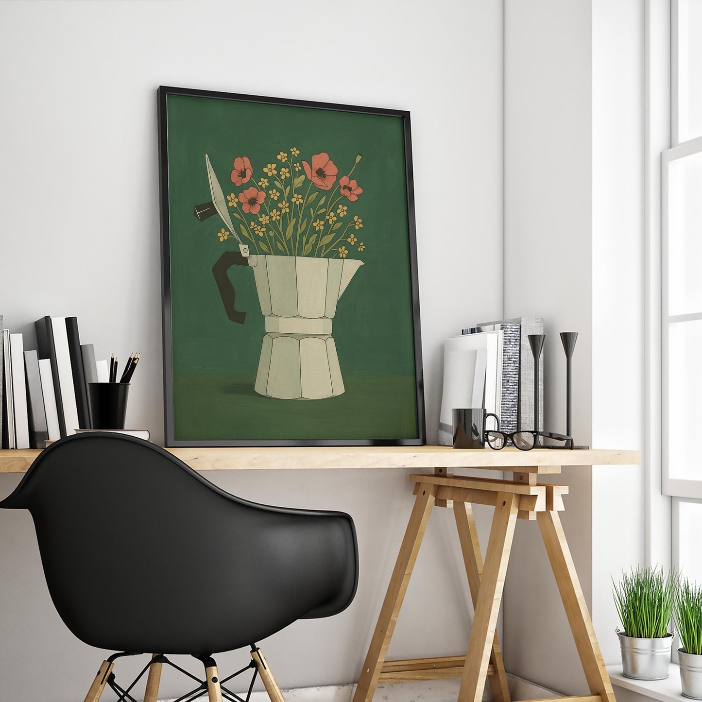 Moka Pot Poster – Vintage Coffee Art with Floral Coffee Print Vase Design