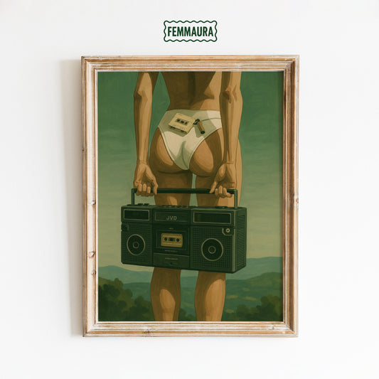 Retro Boombox Poster – Vintage Wall Art | Classic Cassette Print | Muted Green Decor