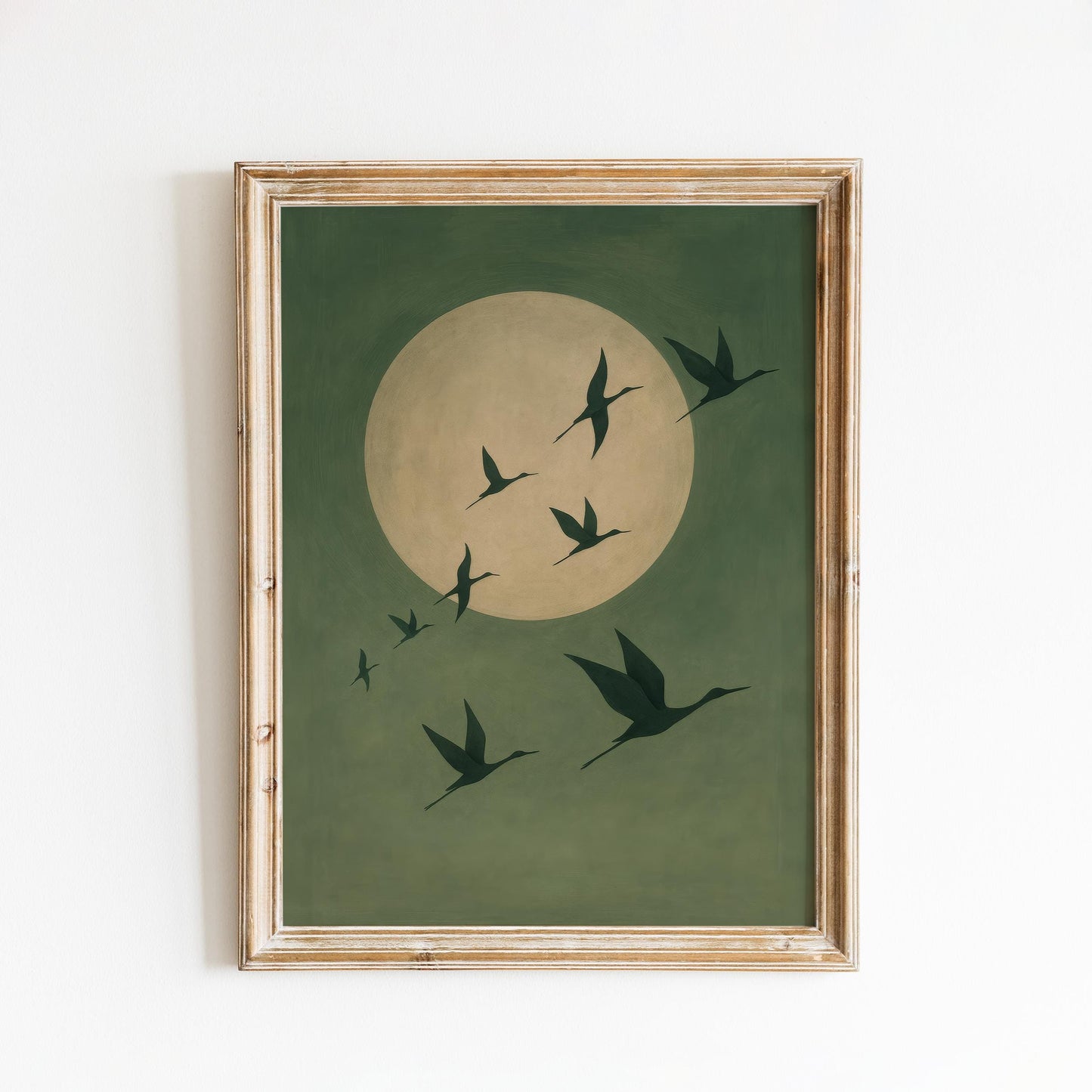 Minimalist Crane Poster – Serene Bird Wall Art | Green Gold Decor