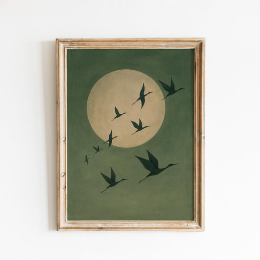 Minimalist Crane Poster – Serene Bird Wall Art | Green Gold Decor