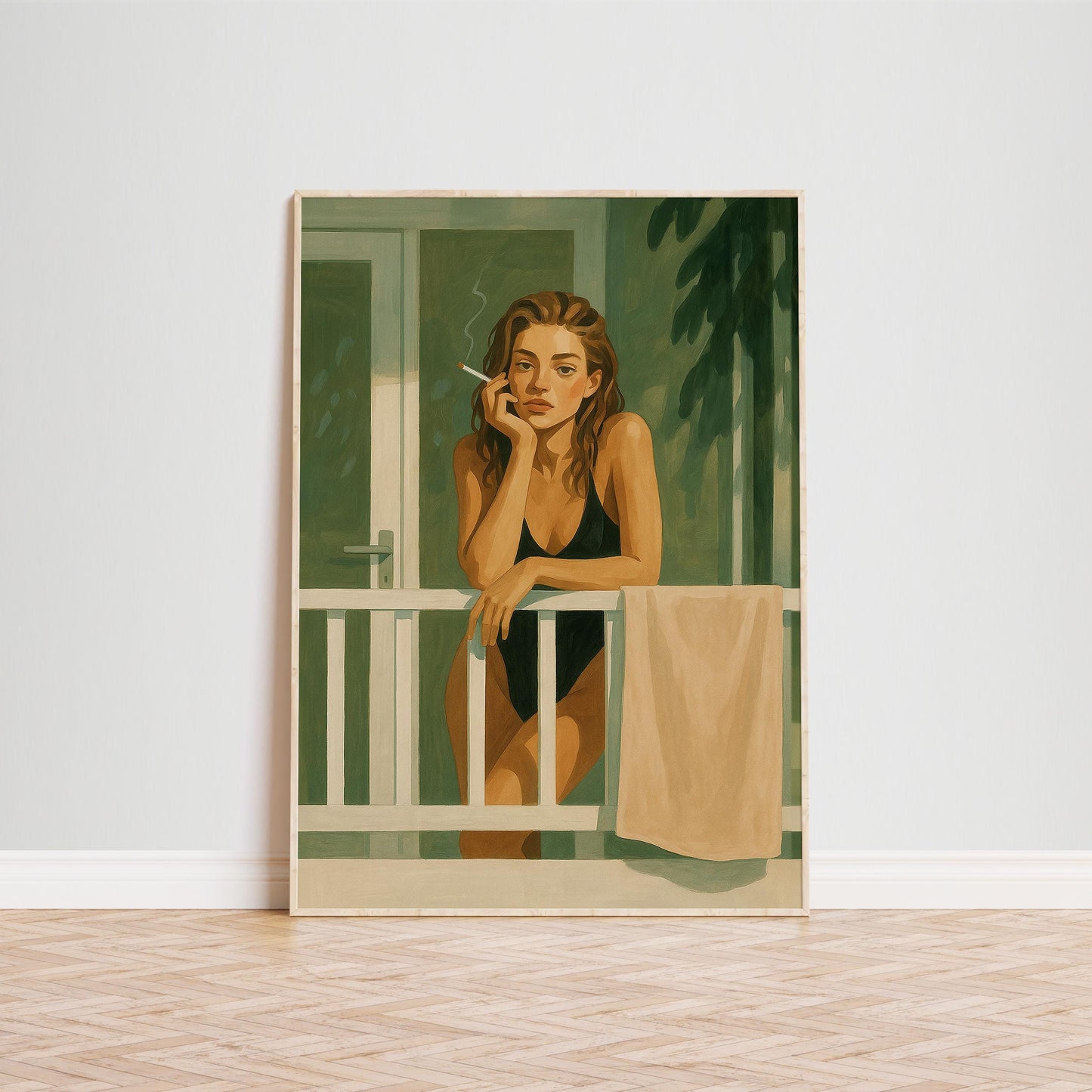 Modern Feminist Poster – Cinematic Retro Wall Art | Moody Green Balcony Print