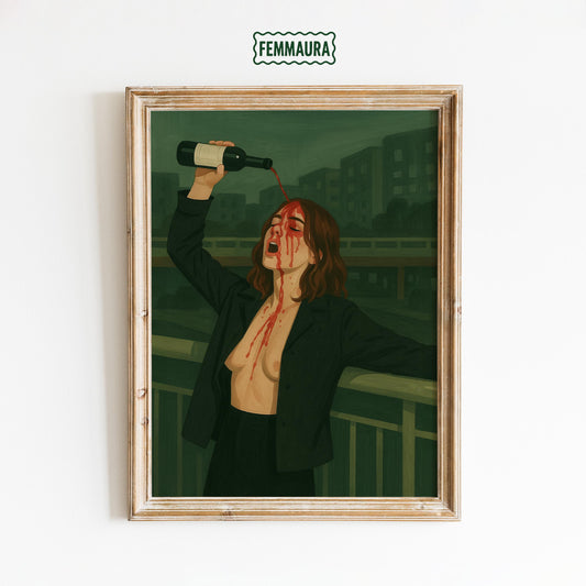 Dark Wine Poster – Bold Feminine Expression Art | Surreal Wine Wall Decor