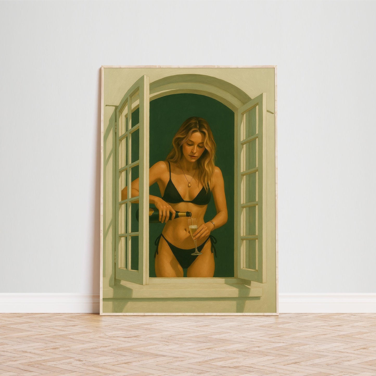 Bikini Girl Poster – Modern Summer Wall Art | Champagne Coastal Chic Print