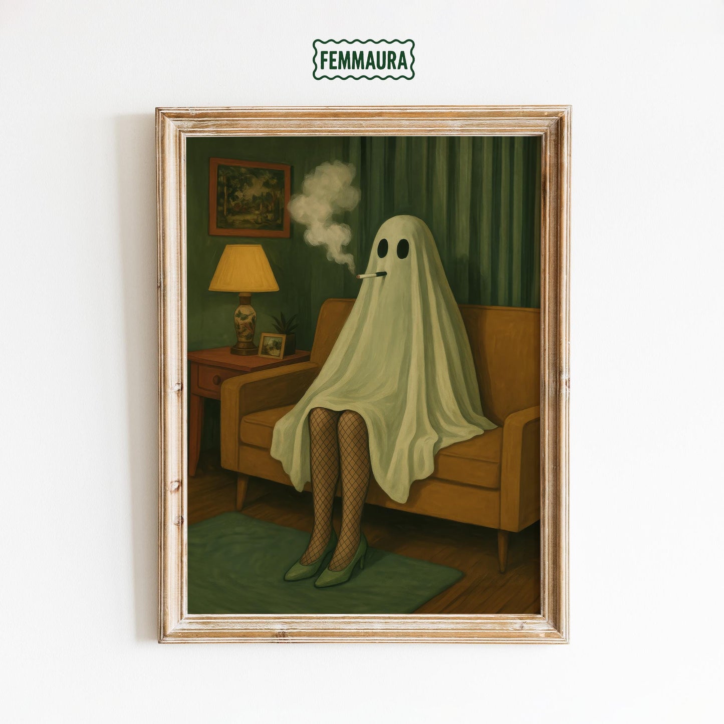 Retro Gothic Wall Art – Smoking Ghost Surreal Print With Dark Humor
