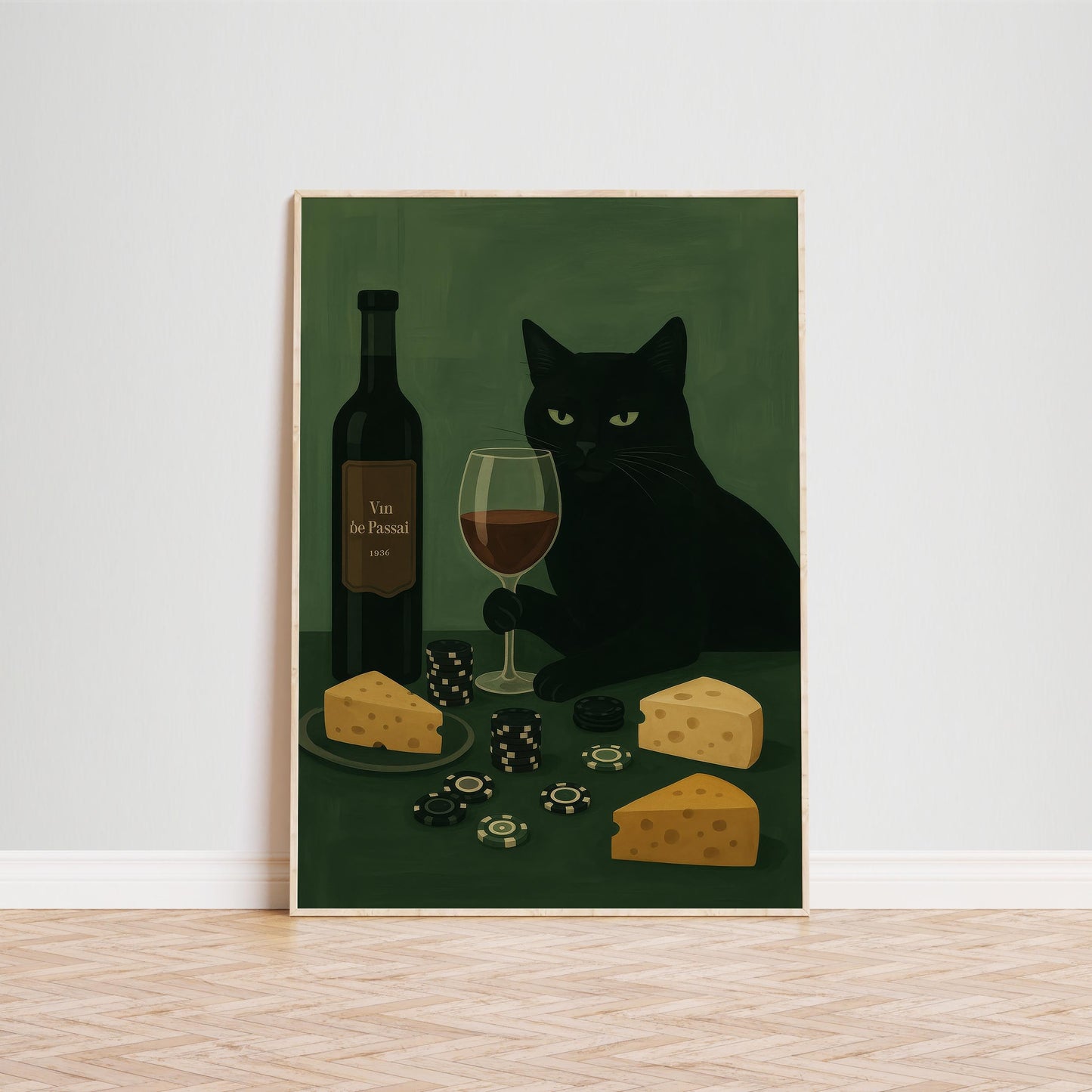 Black Cat Wall Art – Playful Wine and Cheese Decor | Cozy Bar Poster