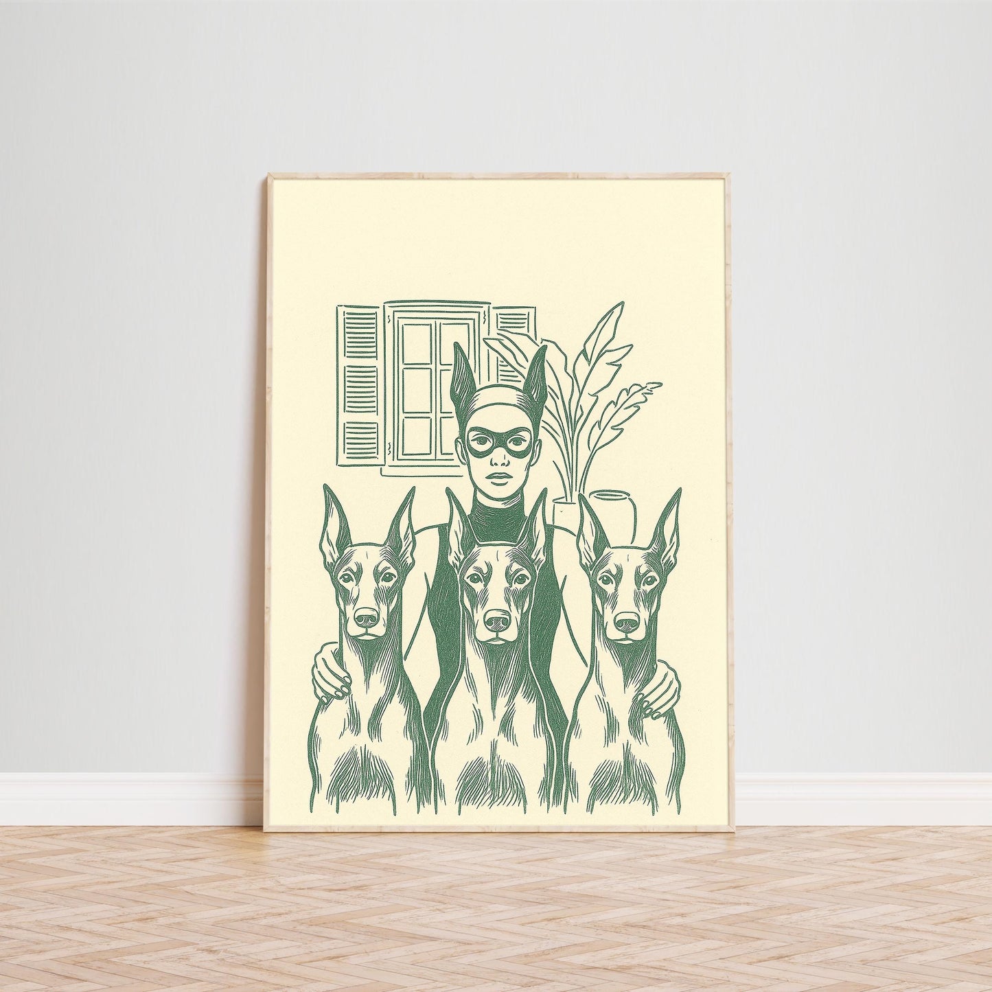 Masked Woman Poster – Feminine Power Art | Minimal Vintage Illustration, Green Line Drawing
