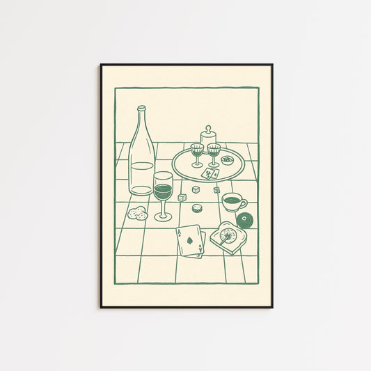 Wine and Cards Poster – Vintage Kitchen Wall Art, Cozy Dining Still Life Print
