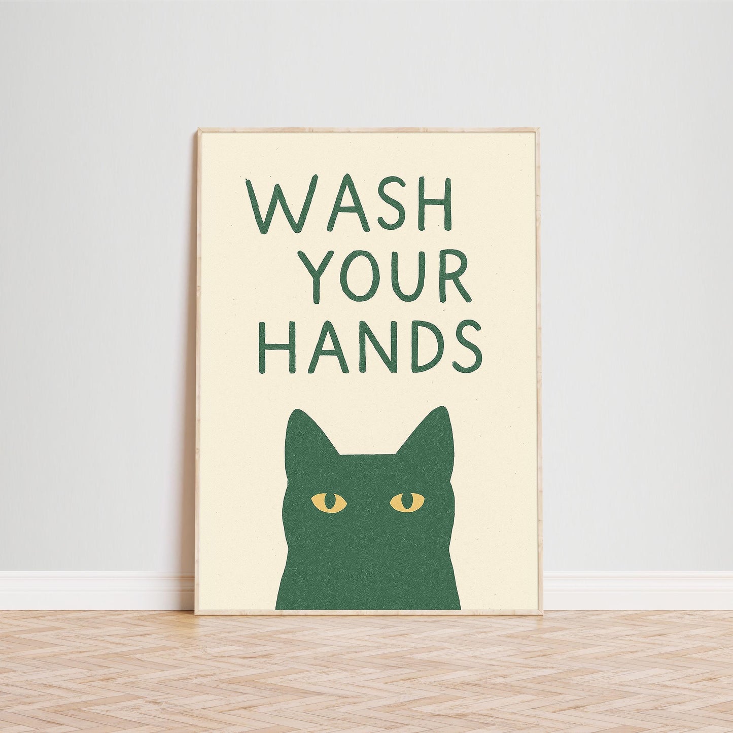 Wash Your Hands Cat Poster – Funny Bathroom Wall Art in Minimal Green