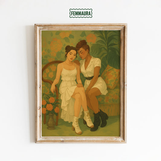 Lesbian Wall Art – Queer Couple Print With Feminine Vintage Floral Intimacy