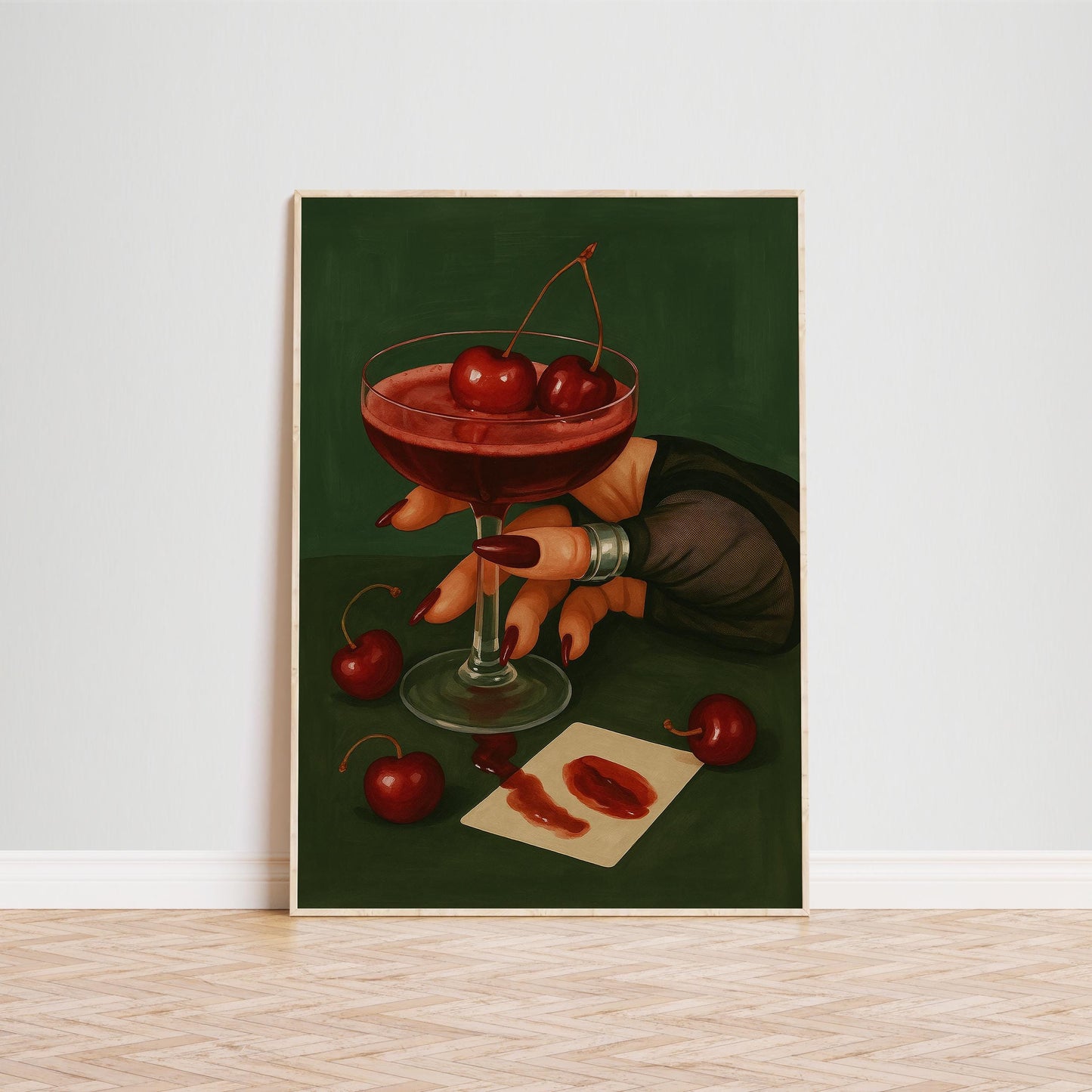 Cherry Cocktail Art Print – Vintage Noir Sensual Wall Art | Digital Download