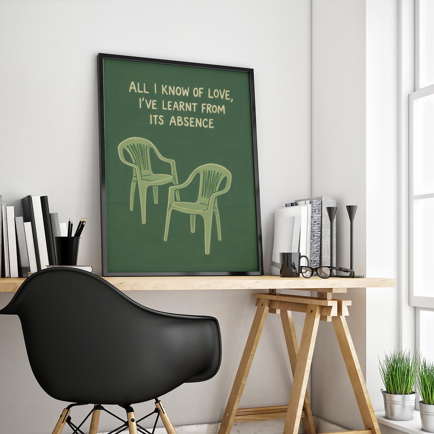 Minimalist Green Wall Art – Plastic Chair Poster With Poetic Love Quote Print