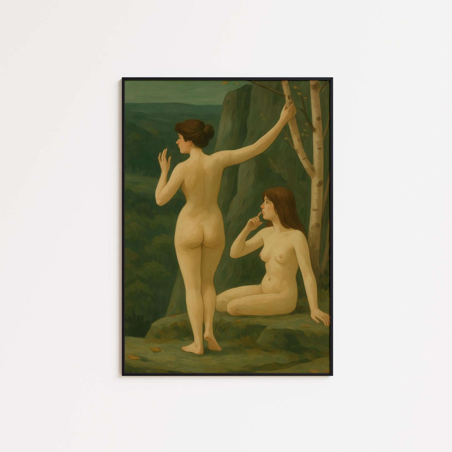 Forest Nudes Poster – Feminine Nature Art With Earthy Green Tones & Pastoral Scene