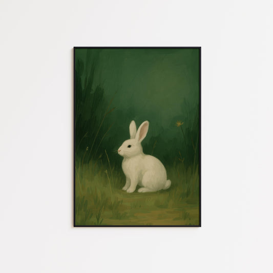 White Rabbit Nursery Art – Vintage Green Forest Animal Decor Print