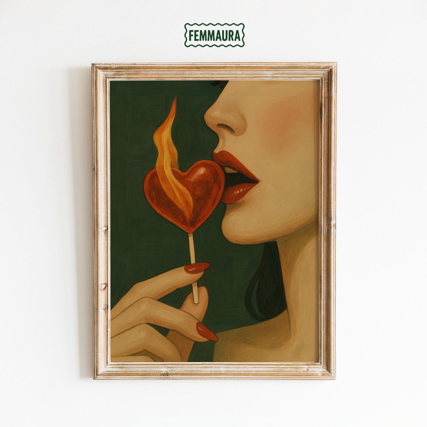 Sensual Lips Print – Heart Lollipop Art | Fiery Wall Art | Bold Feminine Decor