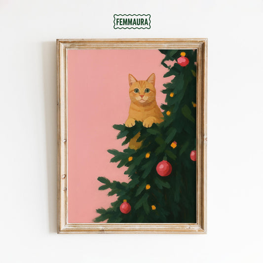 Christmas Cat Poster – Pink Retro Art | Cozy Holiday Wall Decor Gift