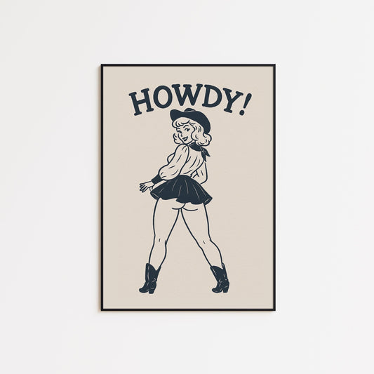 Howdy Cowgirl Print – Retro Western Pin-Up Poster for Bold Wall Decor