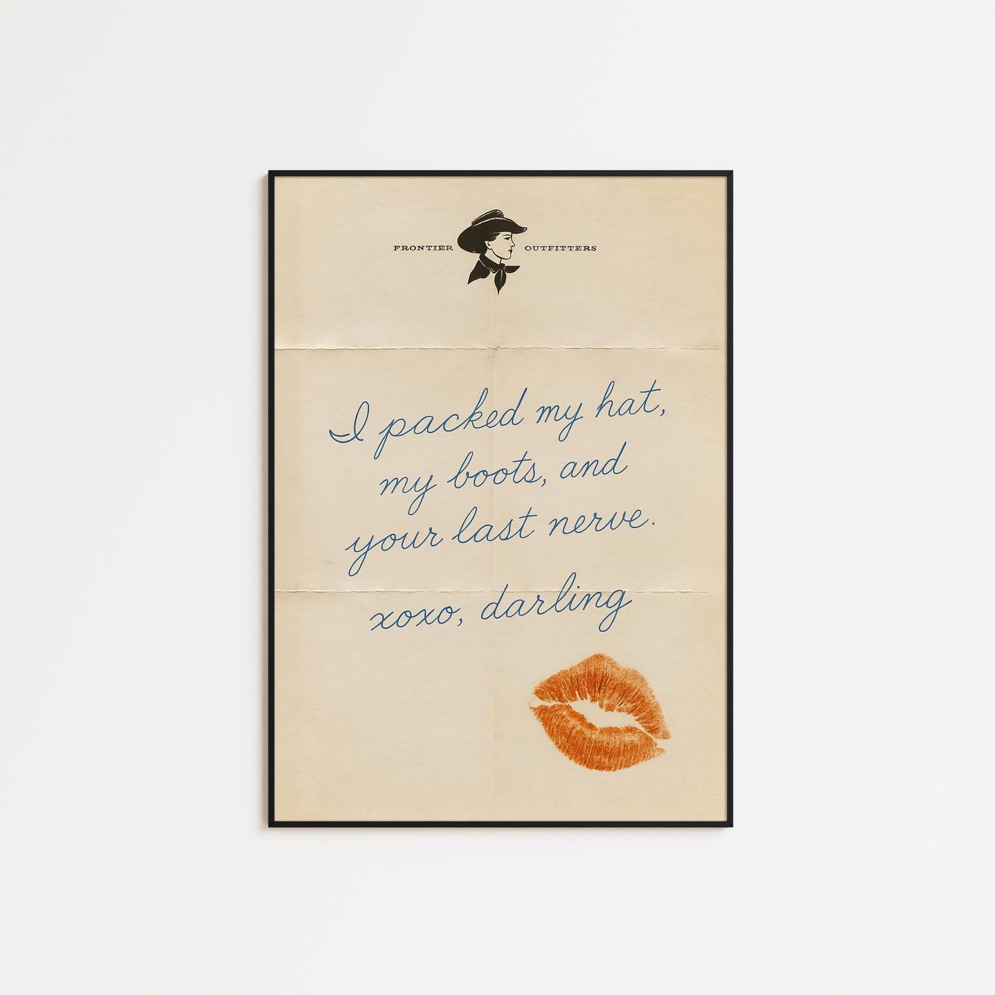 Cowgirl Goodbye Letter Poster – Western Quote Print with Lipstick Kiss