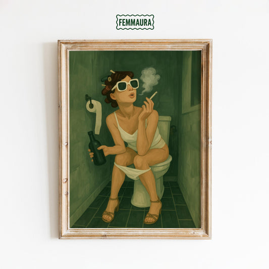 Funny Glam Bathroom Poster – Retro Feminine Wall Art with Beer & Cigarette Humor