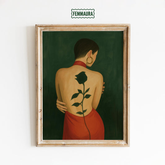 Rose Back Tattoo – Red Dress Art | Femme Fatale Moody Wall Print