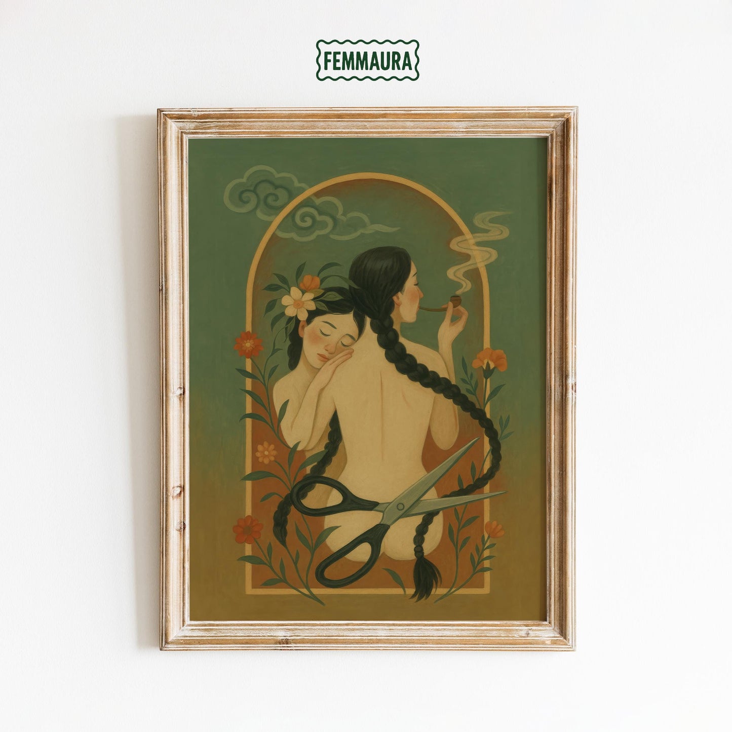 Surreal Feminine Breakup Art – Symbolic Lesbian Couple Poster With Floral Scene