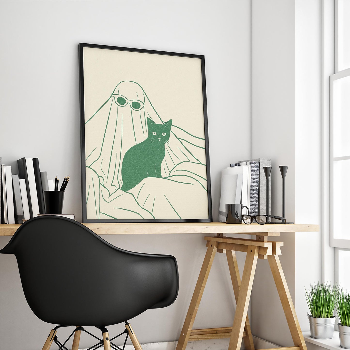 Ghost and Cat Poster – Minimal Spooky Chic Line Art Print
