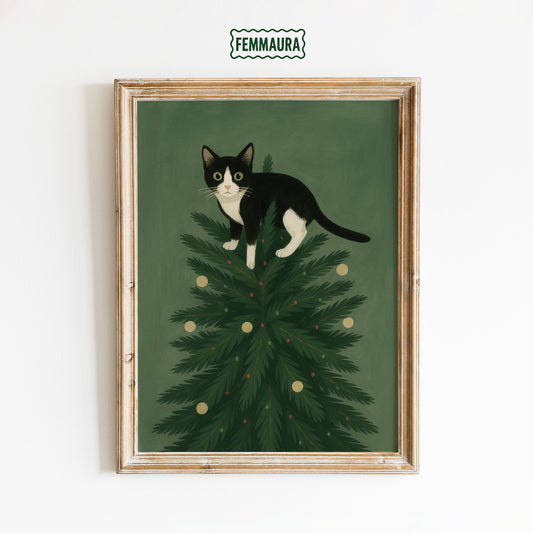 Christmas Cat Poster – Retro Holiday Wall Art With Playful Black and White Cat Design