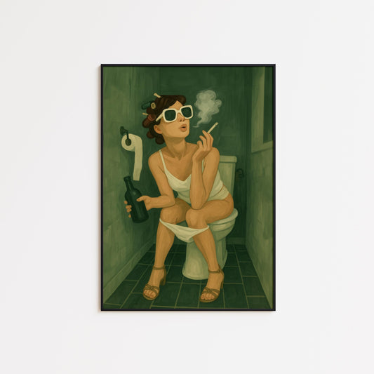 Funny Glam Bathroom Poster – Retro Feminine Wall Art with Beer & Cigarette Humor