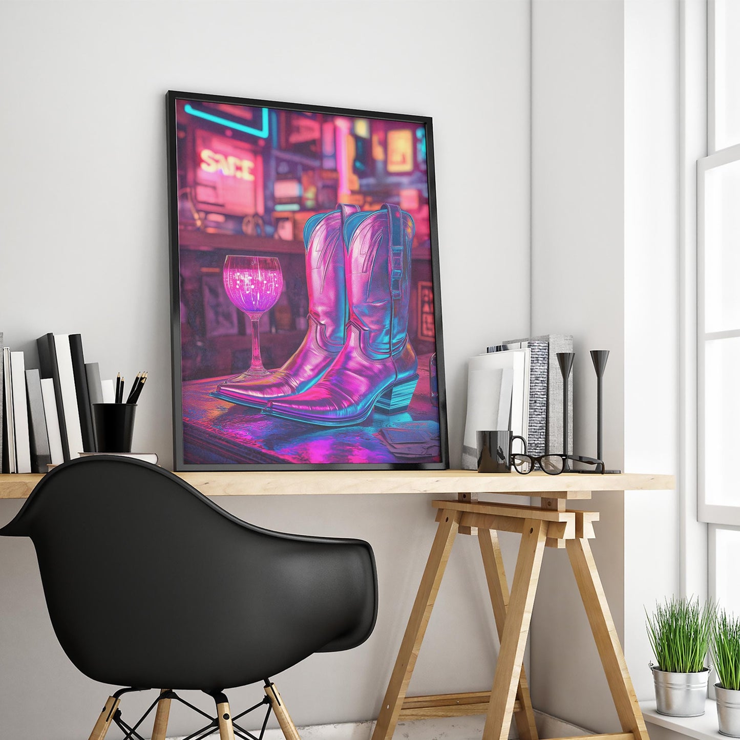 Neon Cowgirl Boots with Wine – Retro Western Nightlife Art