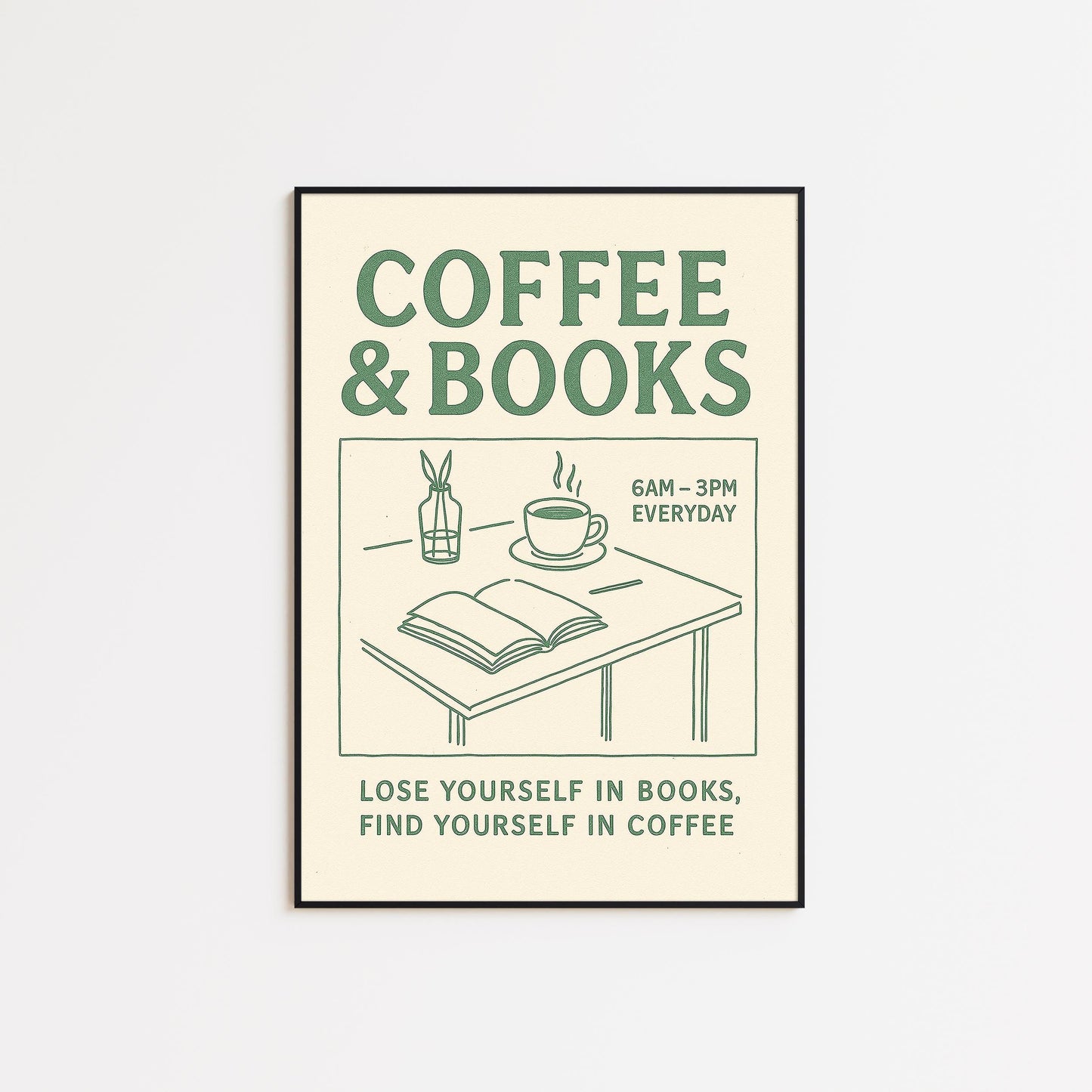 Minimalist Café Wall Art – Coffee Poster with Vintage Book Lover Print